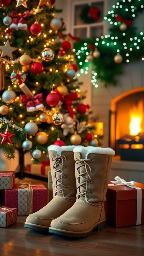 UGG boots beside a decorated Christmas tree with gifts and fairy lights.
